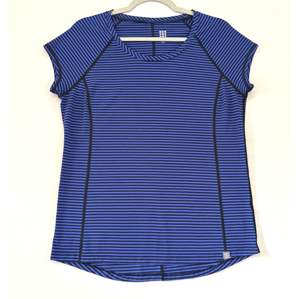 Title Nine Womens Blue Black Striped Short Sleeve Active Top Size Medium